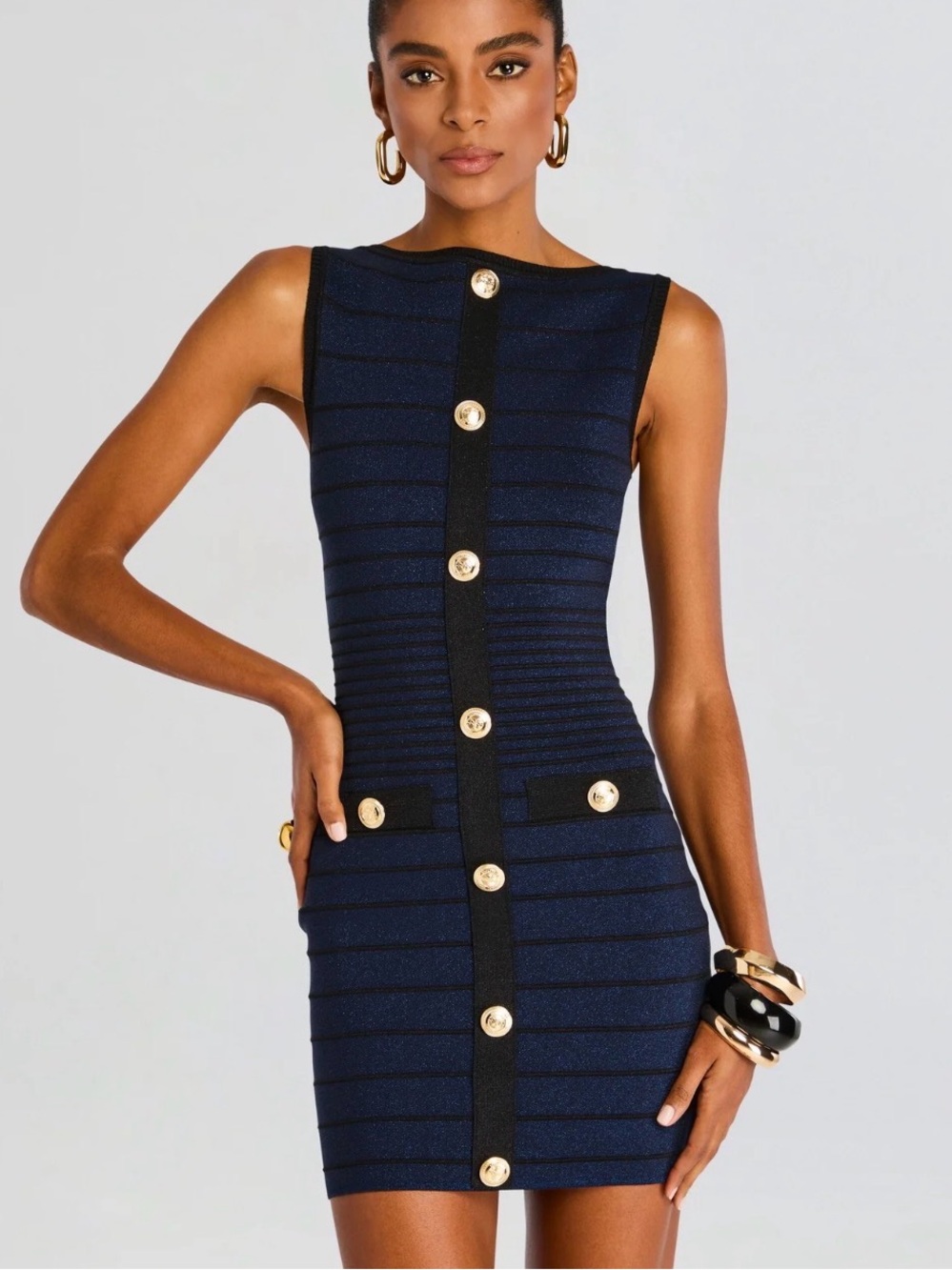 NWT Retrofete Erin Bandage Knit Metallic Dress Size Medium Navy and Black Stripe